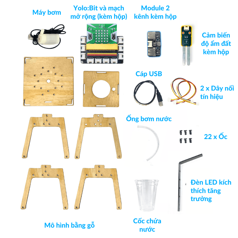 Thành phần kit STEM chậu cây thông minh tại OhStem